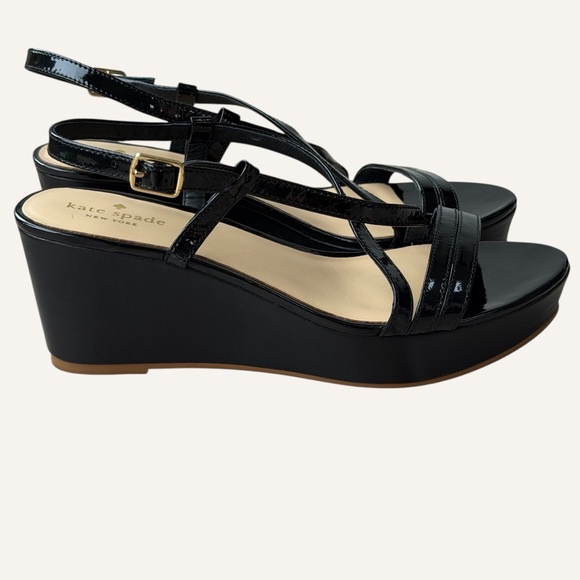 Kate Spade Glossy Black Strappy Wedge Patent Leather Sandals Size 8 - Picture 2 of 9